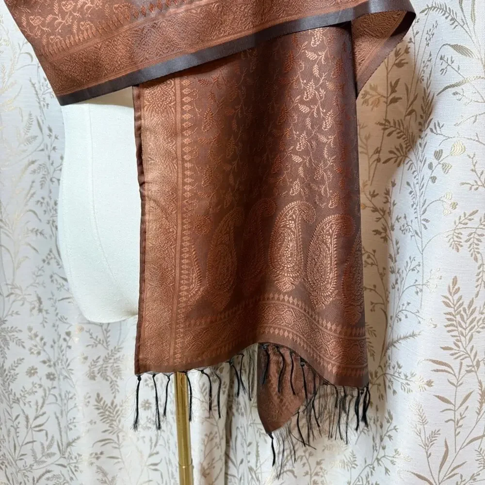Silk Paisley Pashmina Shawl Wrap OS Brown Fringe Vintage Fall Boho Cottagecore